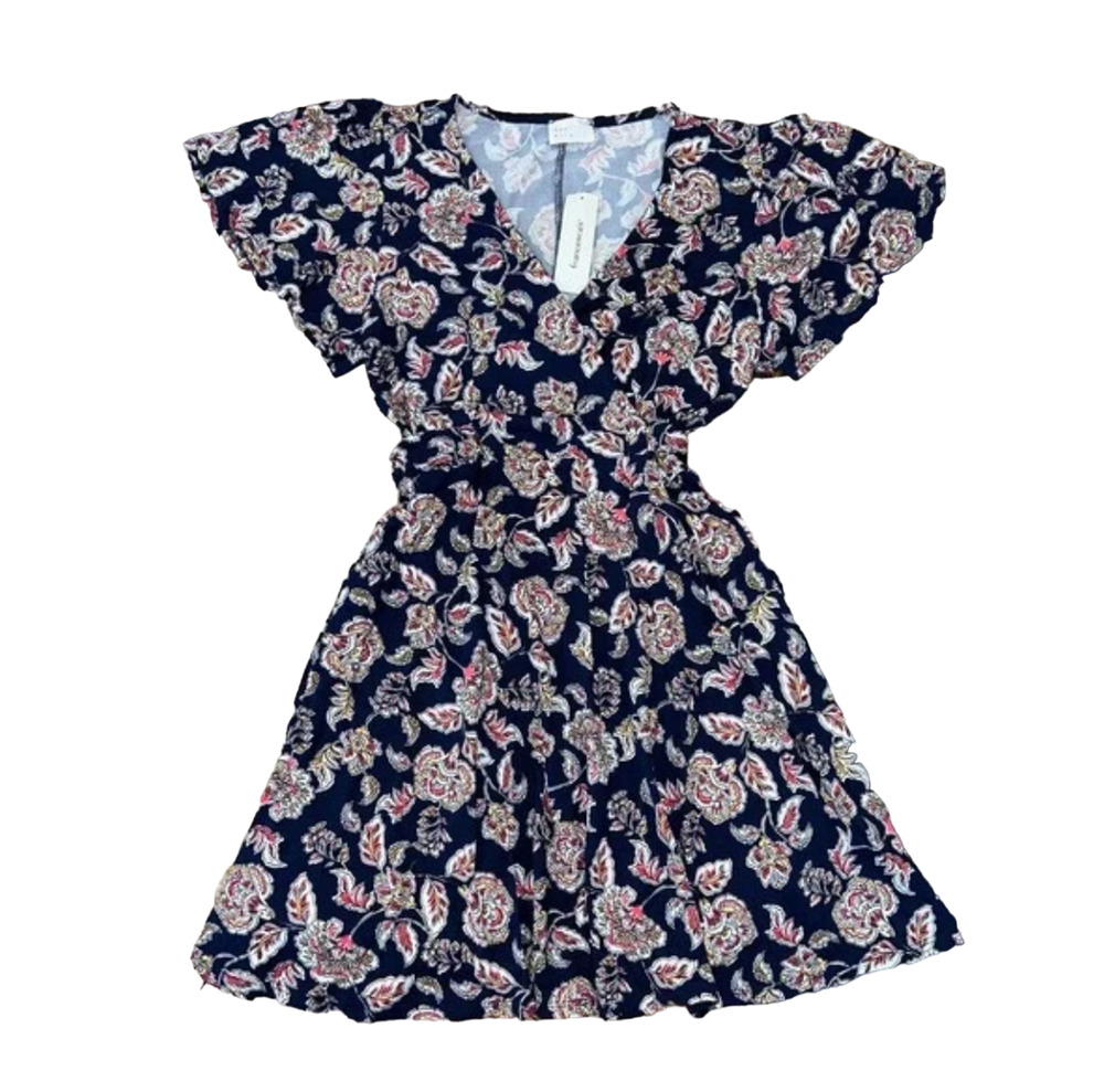 NWT Francesca's Navy W/ Pink, Yellow & White Floral Wrap Tie Back Dress - MEDIUM